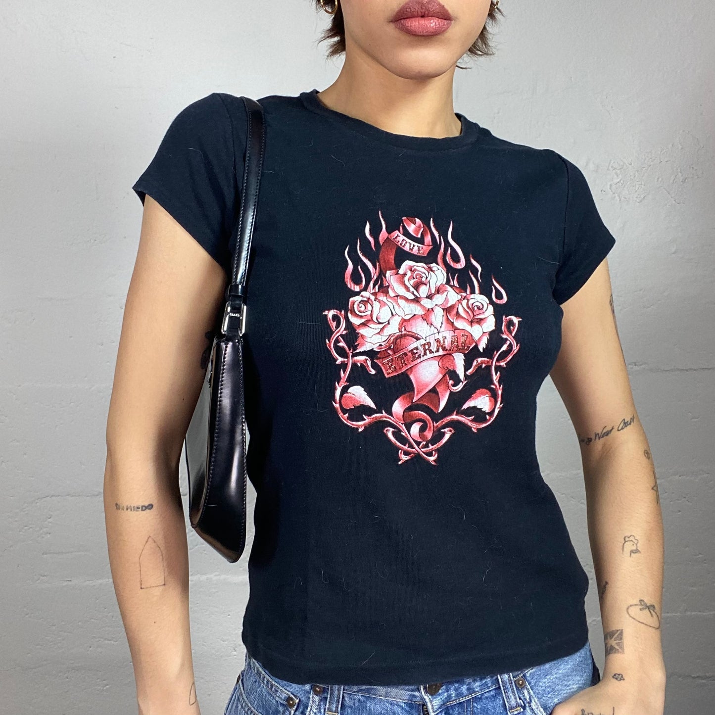 Vintage 2000's Moto Black Top with Red Flaming "Eternal" Roses & Heart Print (S)