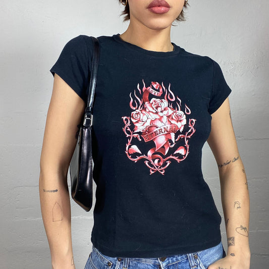 Vintage 2000's Moto Black Top with Red Flaming "Eternal" Roses & Heart Print (S)