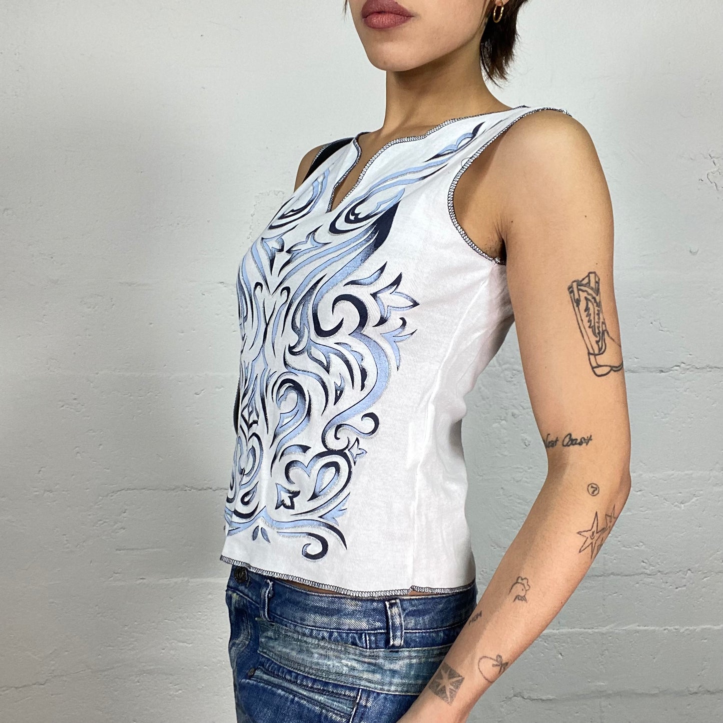 Vintage 2000's Downtown Girl White Top with Blue Tribal Print (M)