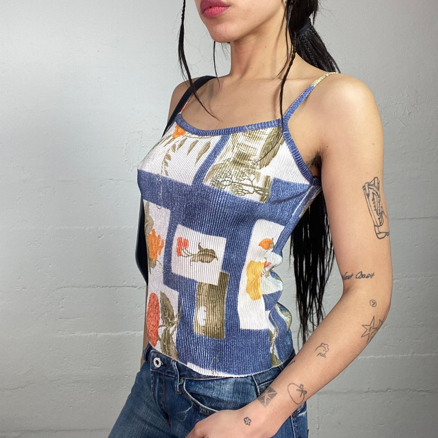 Vintage 2000's Boho White & Blue Maille Top with Ethnic Print (S)