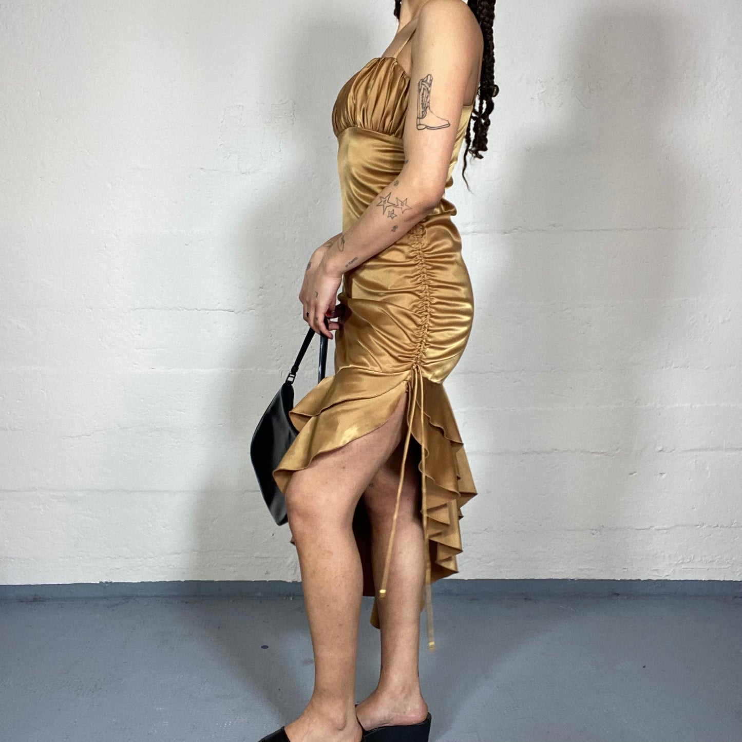 Vintage 2000's Romantic Brown Asymmetric Cut Dress with Satin Material and Ruched Chest Detail (S)