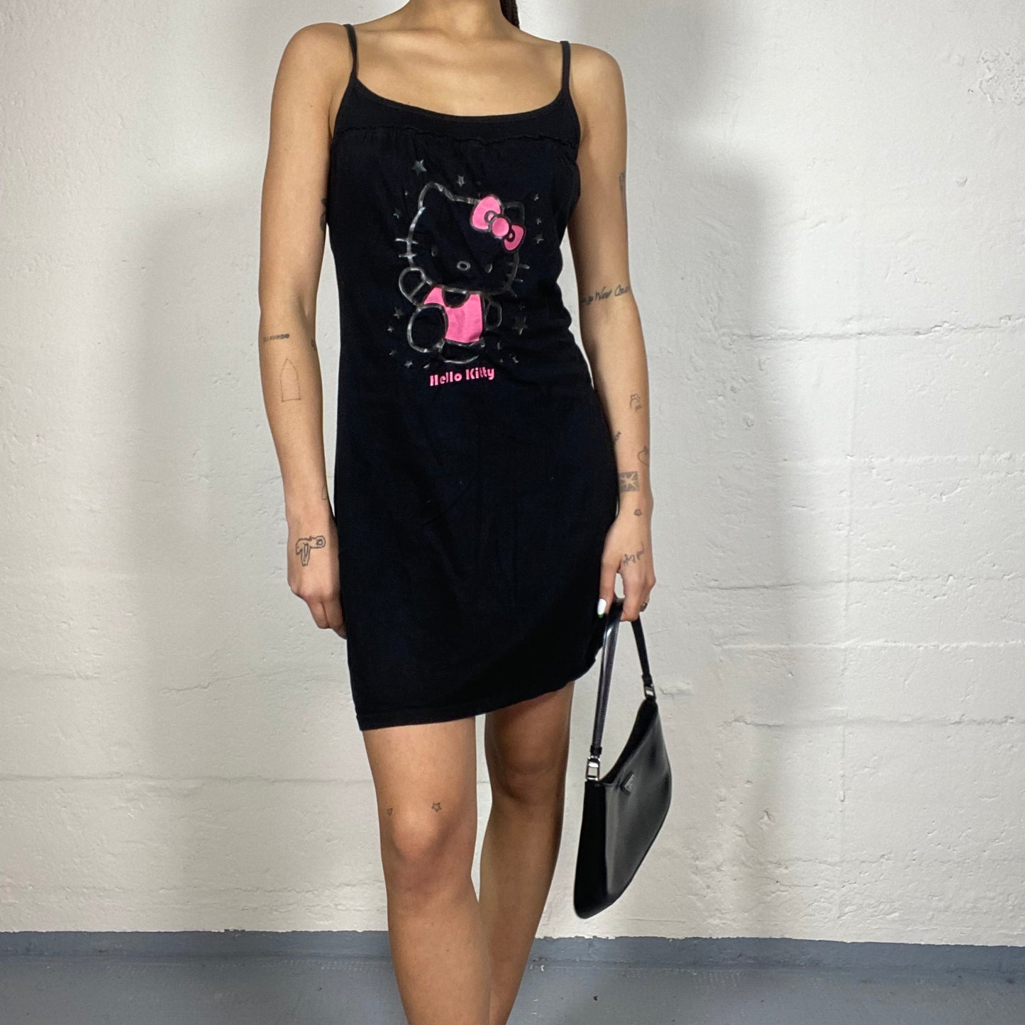 Vintage 2000's Hello Kitty Cute Black Cami Dress with Fuchsia Cartoon Print (M)