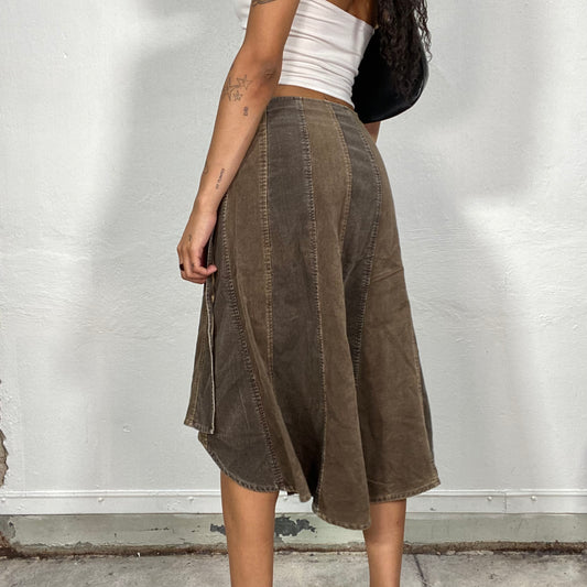 Vintage 90's Phoebe Buffay Brown Midi Corduroy Skirt with Patched Parts (S)