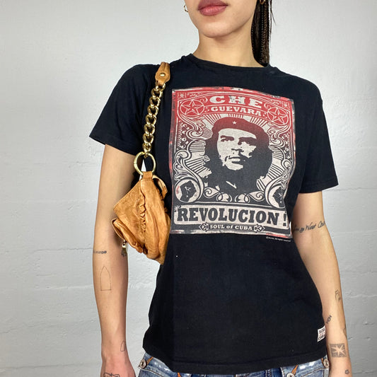 Vintage 2000's Model Off Duty Black Oversized Top with Che Guevara Revolution Print (S)