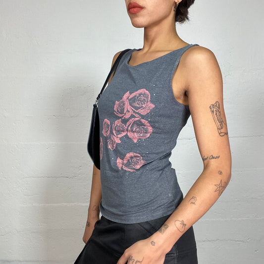 Vintage 90's Grunge Grey Top with Red Roses Print (S)