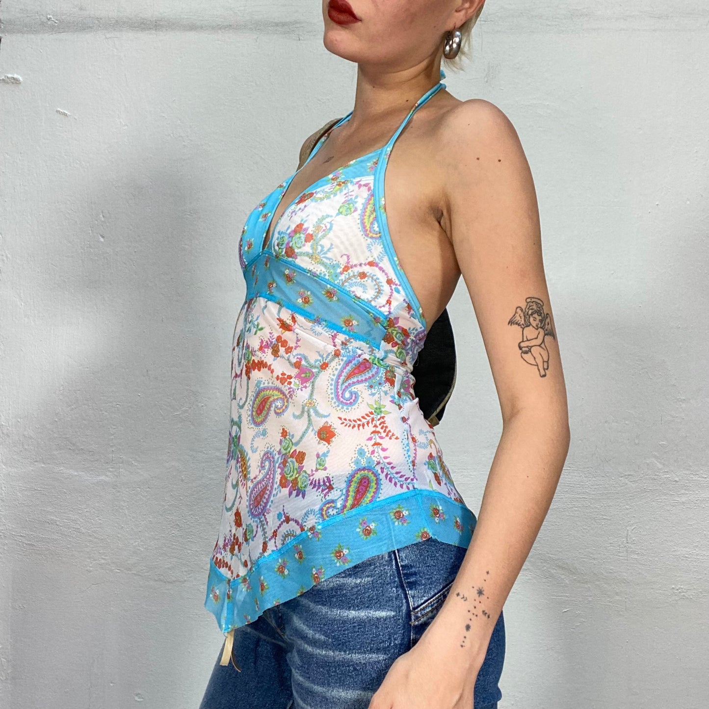 Vintage 2000's Indie White Neckholder Mesh Top with Colourful Paisley Print (S)