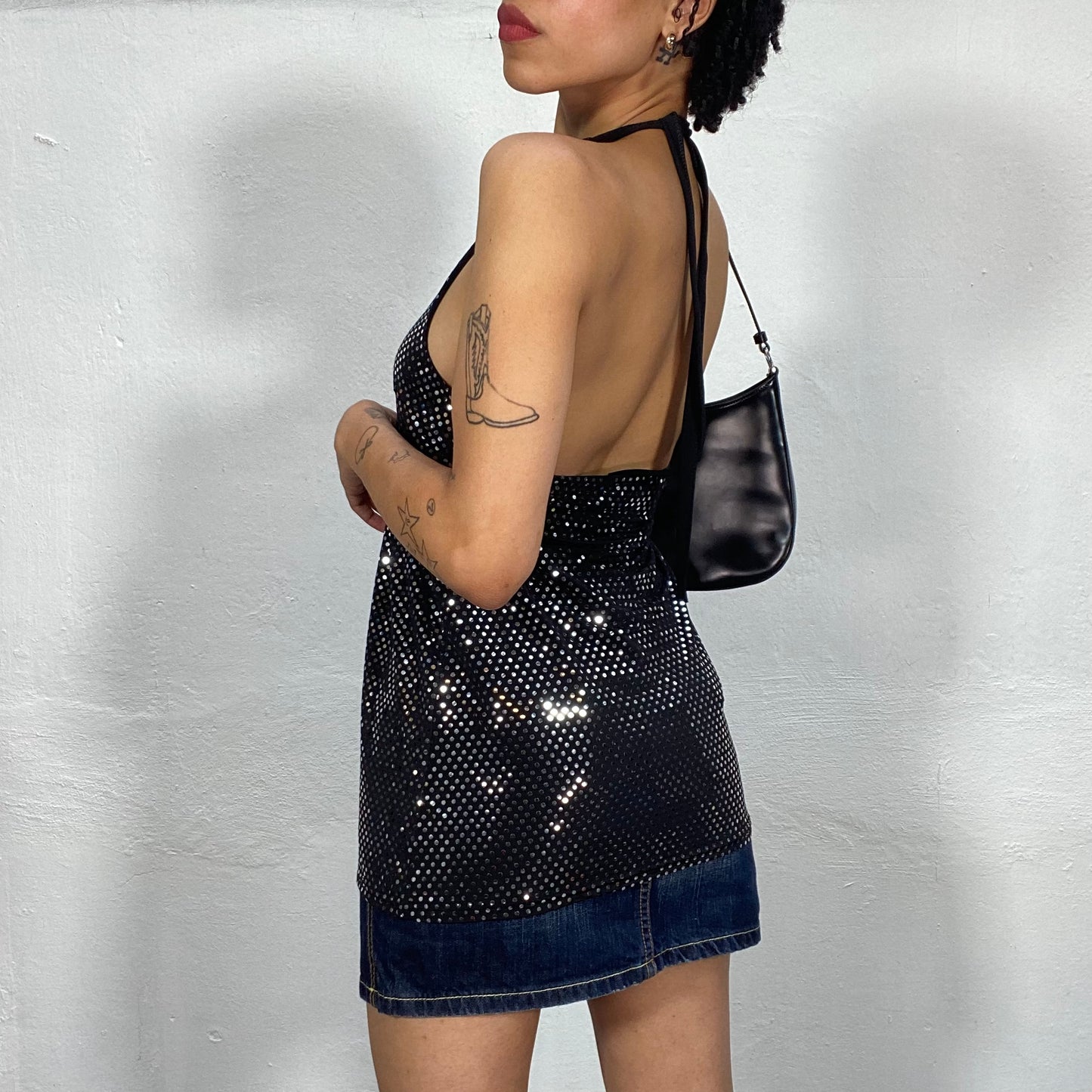 Vintage 2000's Nigh Out Black Shimmery Polka Dot Baby Doll Top (S)