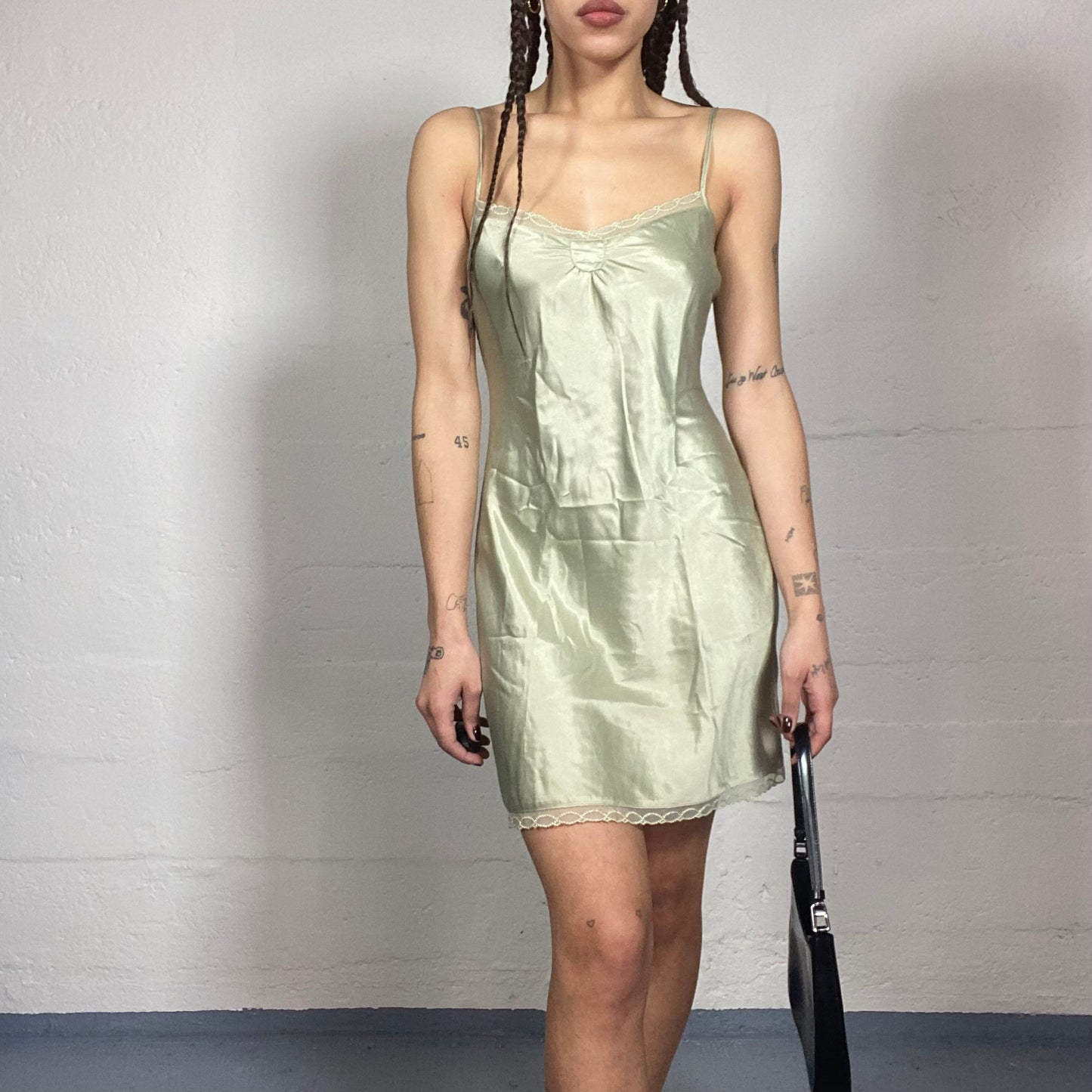 Vintage 90's Lingerie Pastel Green Satin Mini Dress with Mesh Beaded Trims Detail (S)