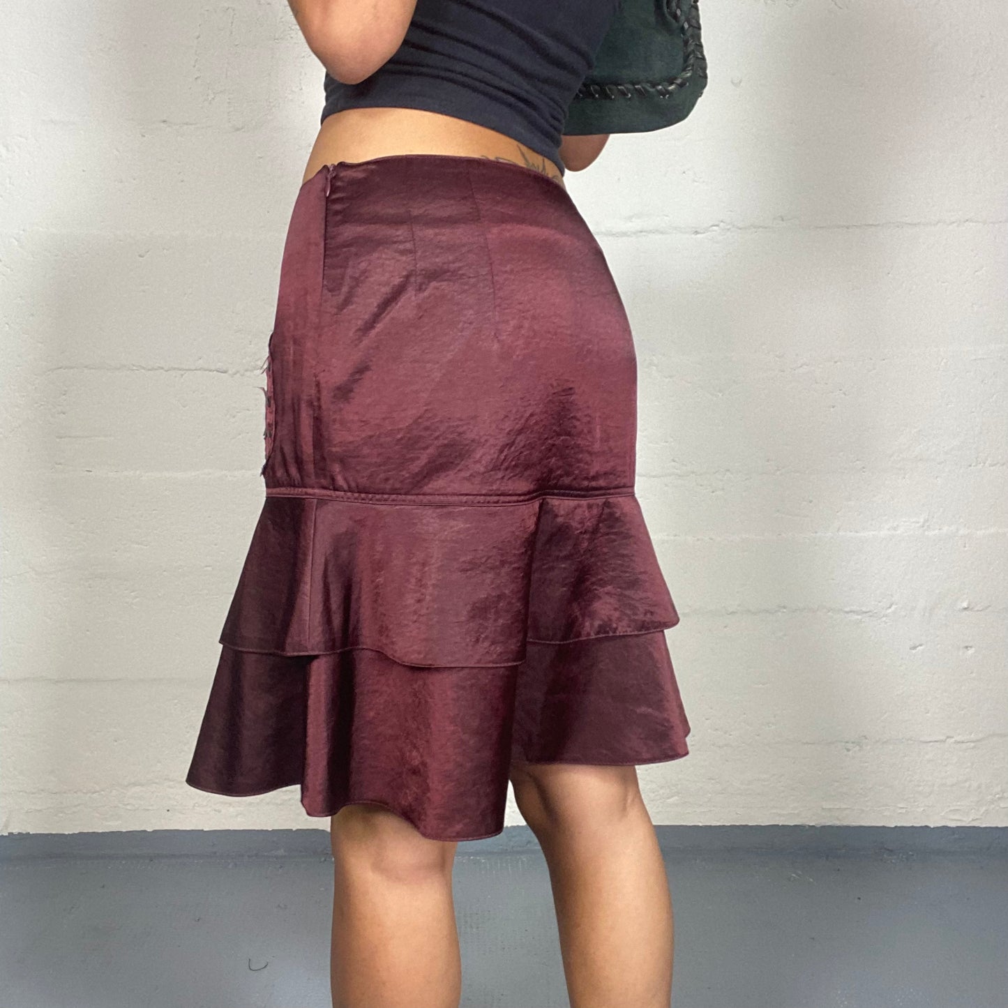 Vintage 90's Vampy Garnet Layered Mini Skirt with Lateral Floral Detail (S)