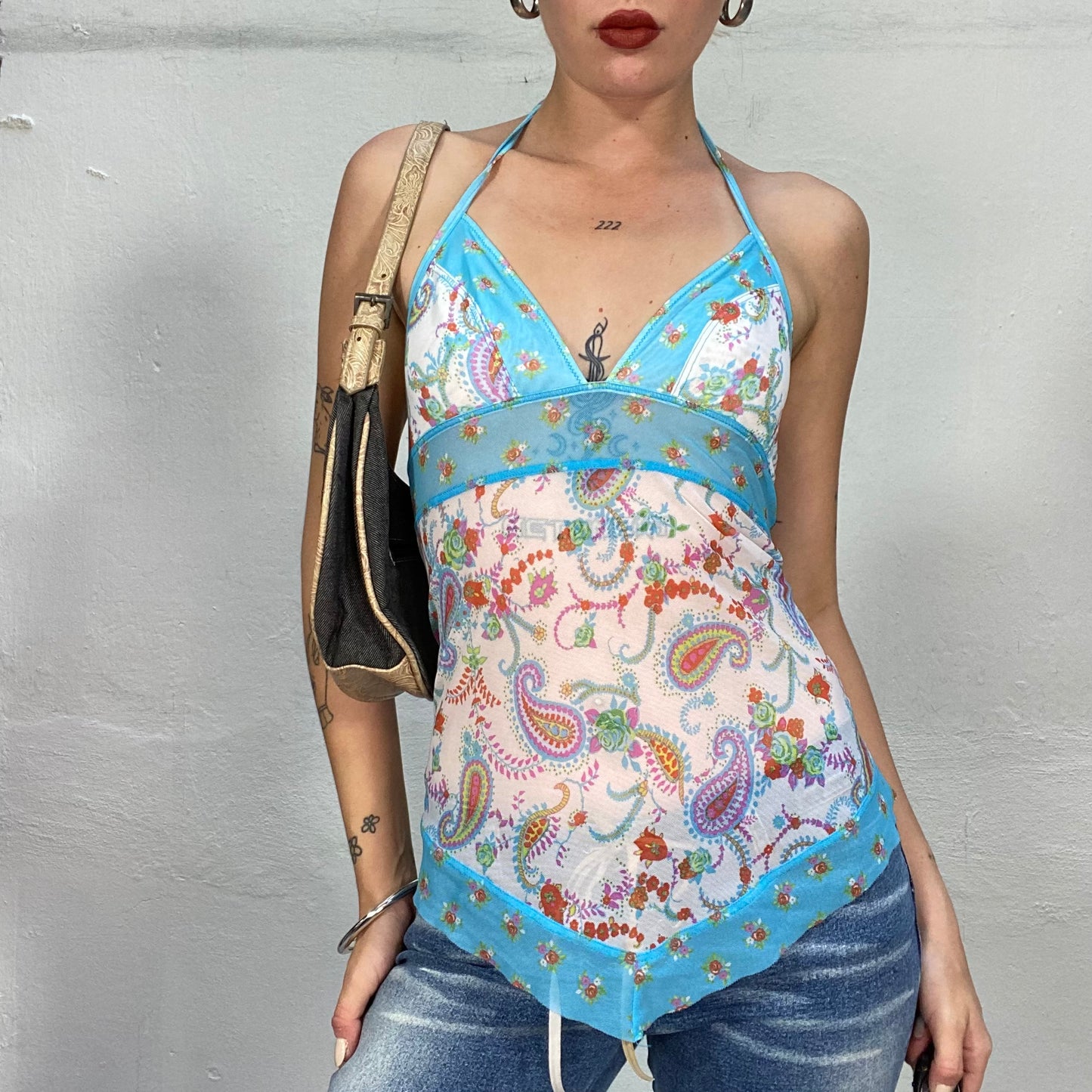 Vintage 2000's Indie White Neckholder Mesh Top with Colourful Paisley Print (S)