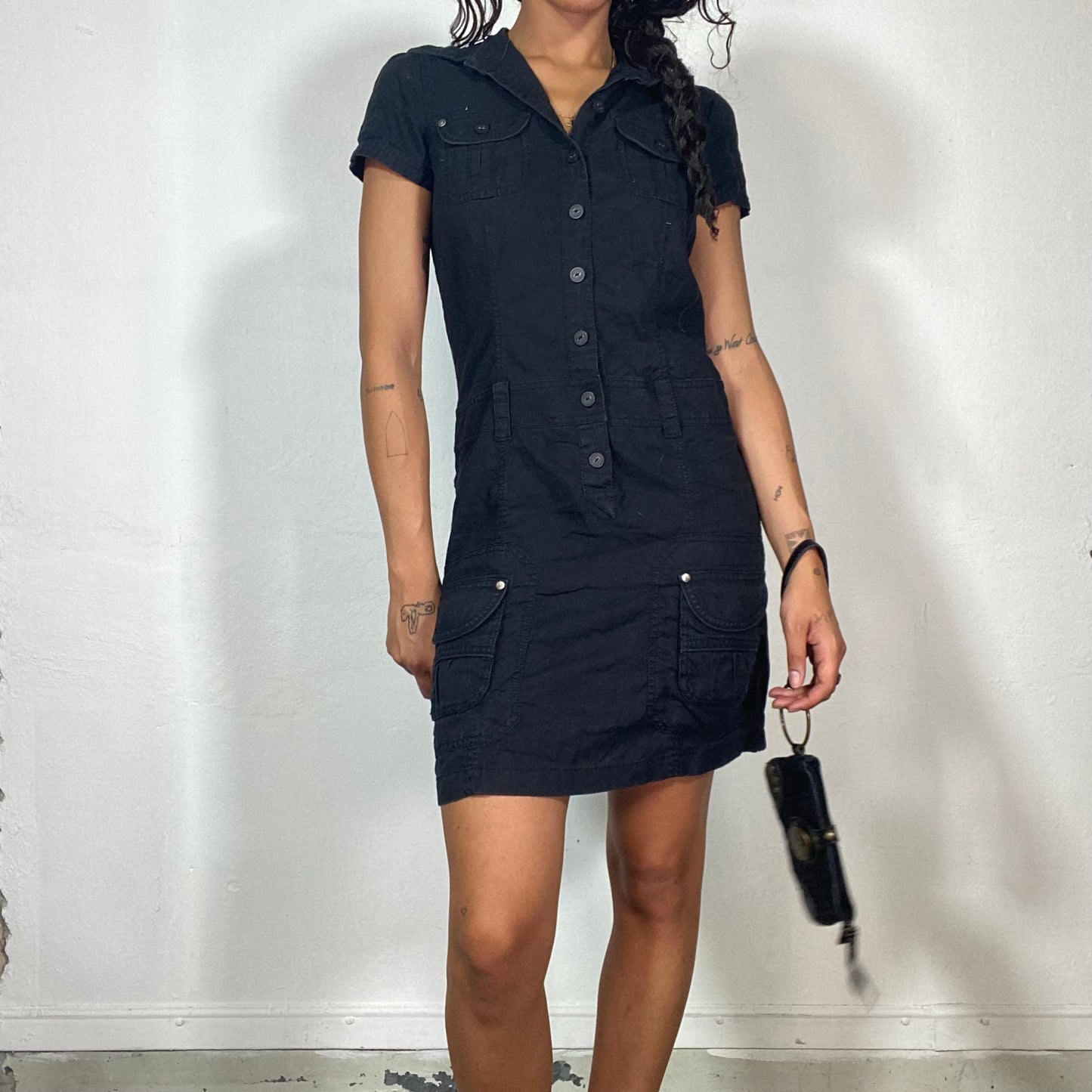 Vintage 90's Techwear Black Buttton Up Cargo Dress with Pocket Detail (S)