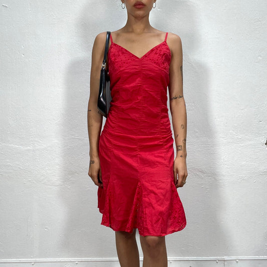 Vintage 90's Summer Red Midi Dress with Eyelet Embroidery and Scrunch Details (S)