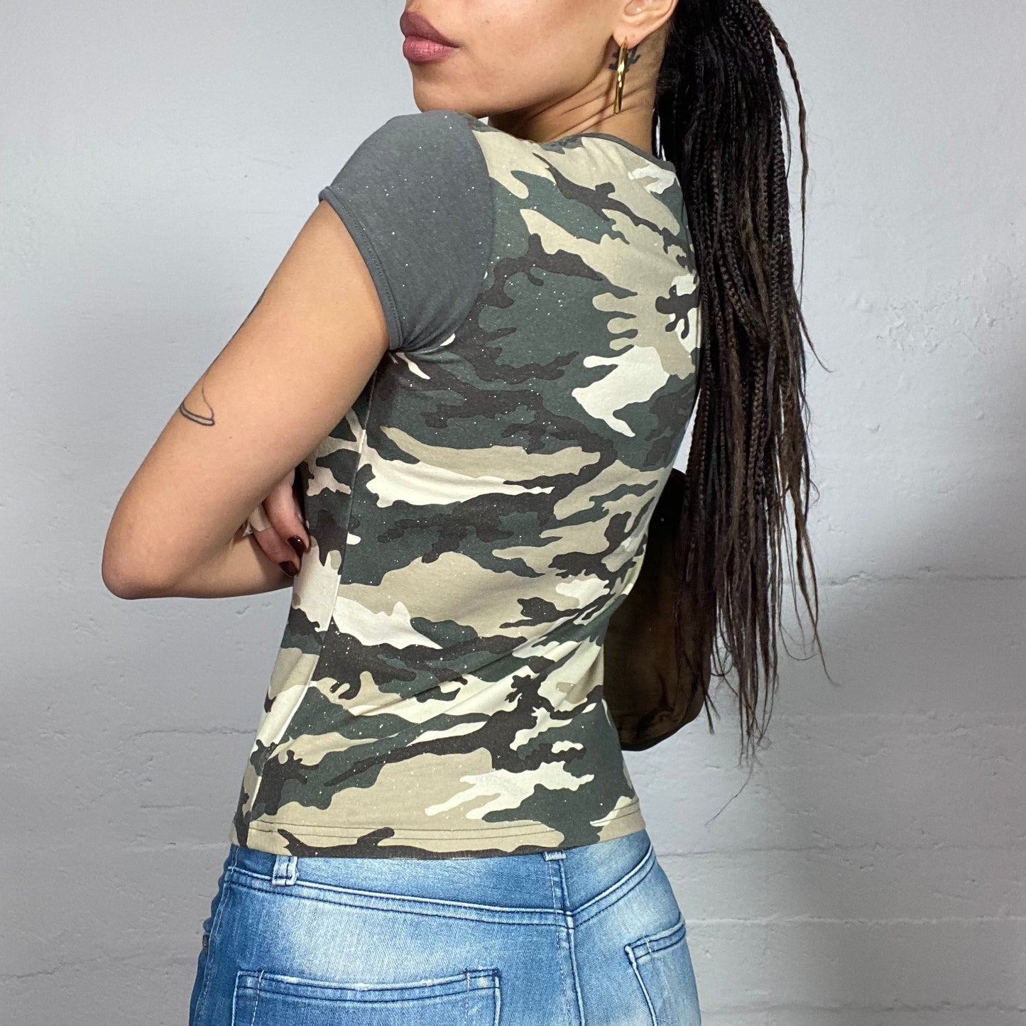 Vintage 2000's Rave Khaki Top with Camo Print and Glitter Material (S)