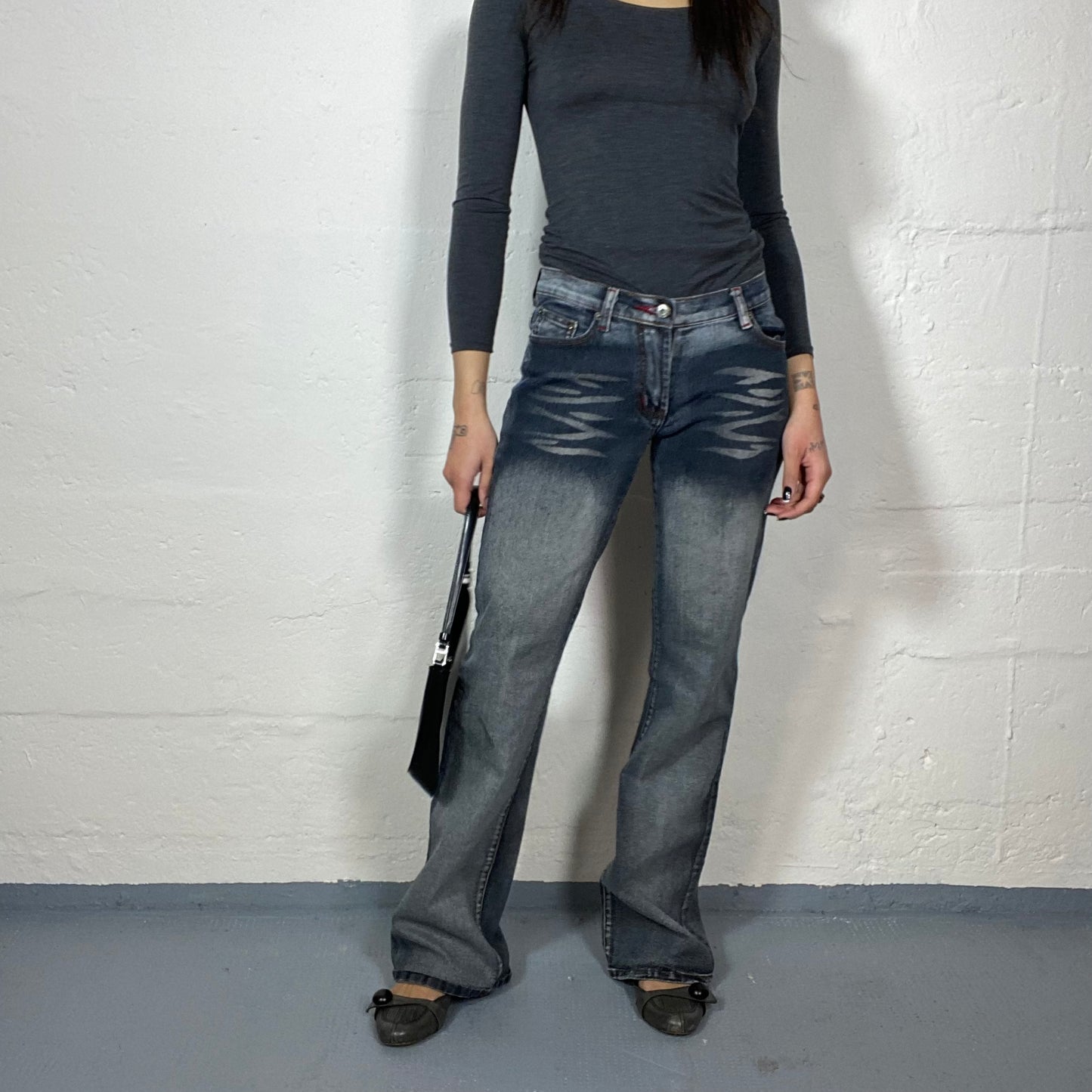 Vintage 2000's Downtown Girl Black Denim Pants with Bleached Material Detail (S)