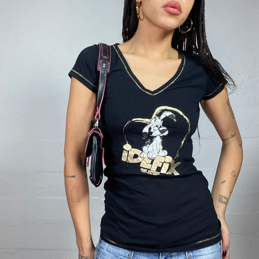 Vintage 2000's Sleaze Black Top with Idefix Heart Shaped Print (S/M)