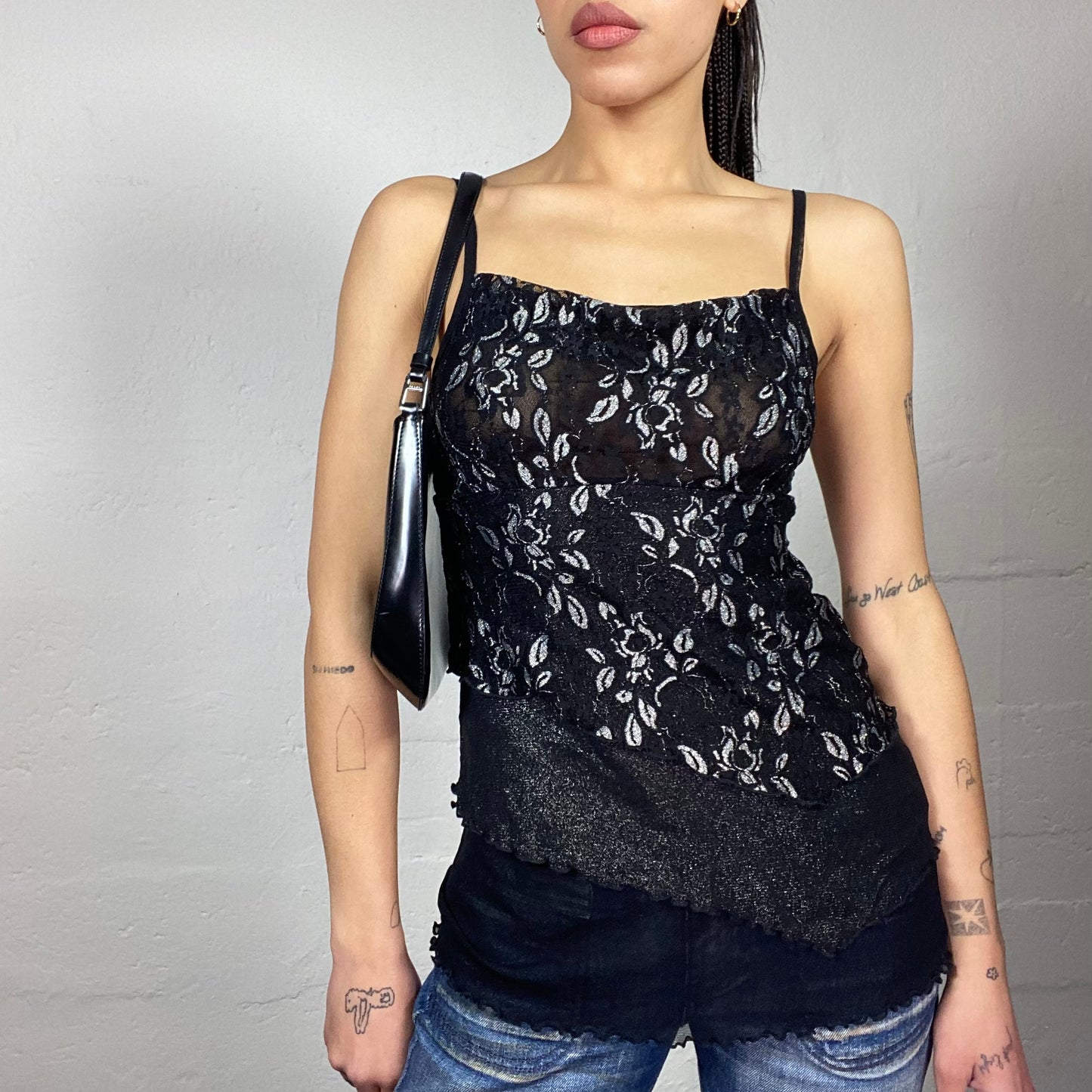 Vintage 90's Clubwear Black Mesh Top with Glitter and Floral Material Layer (S/M)