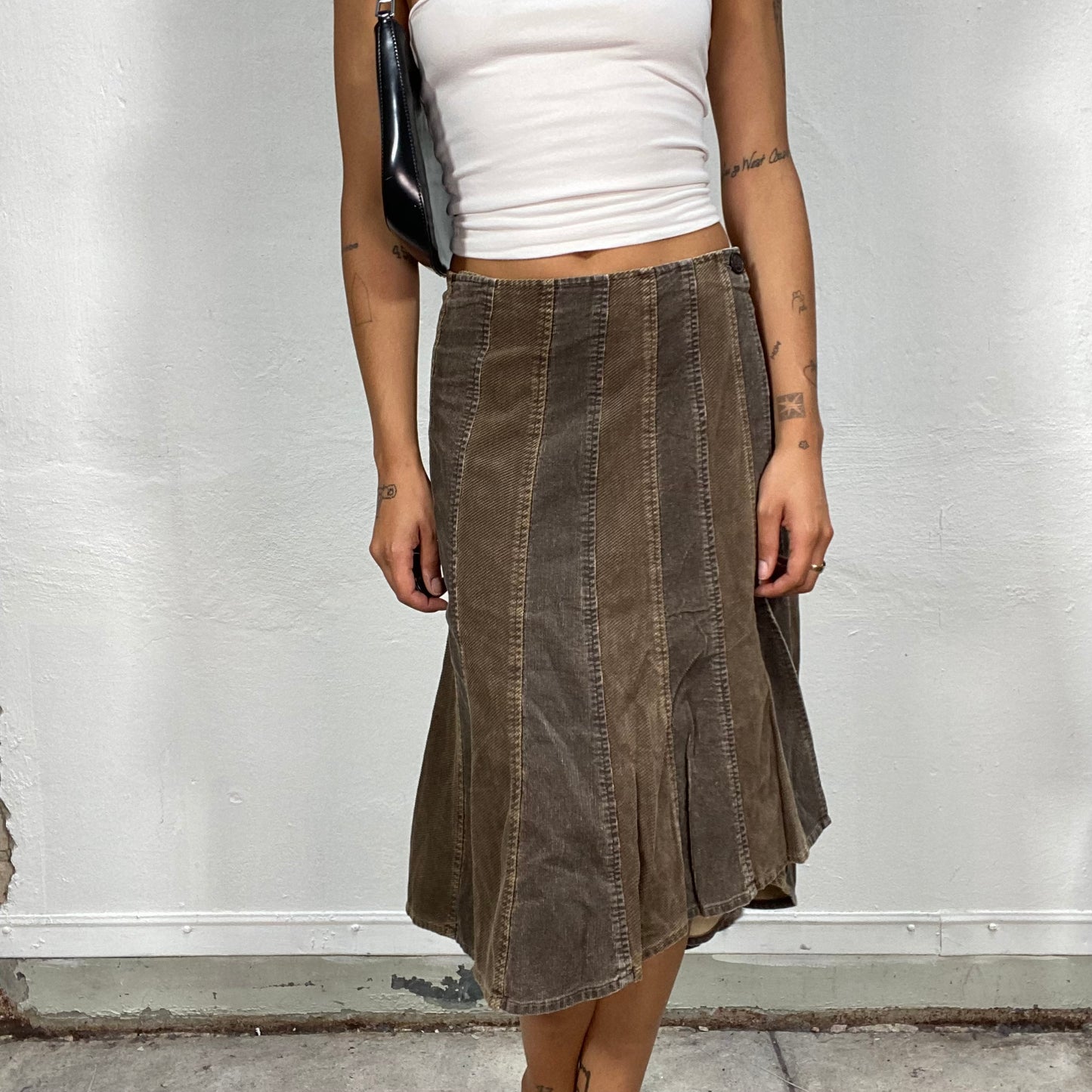 Vintage 90's Phoebe Buffay Brown Midi Corduroy Skirt with Patched Parts (S)