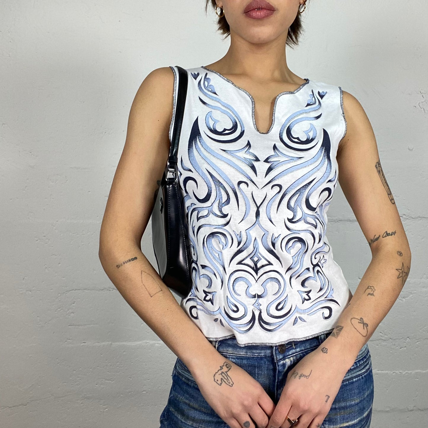 Vintage 2000's Downtown Girl White Top with Blue Tribal Print (M)