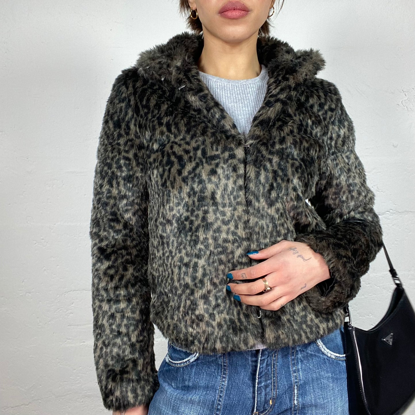 Vintage 2000's Downtown Girl Faux Fur Brown Bomber Jacket with Cheetah Print (M)