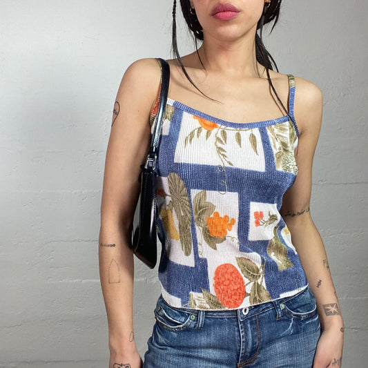 Vintage 2000's Boho White & Blue Maille Top with Ethnic Print (S)