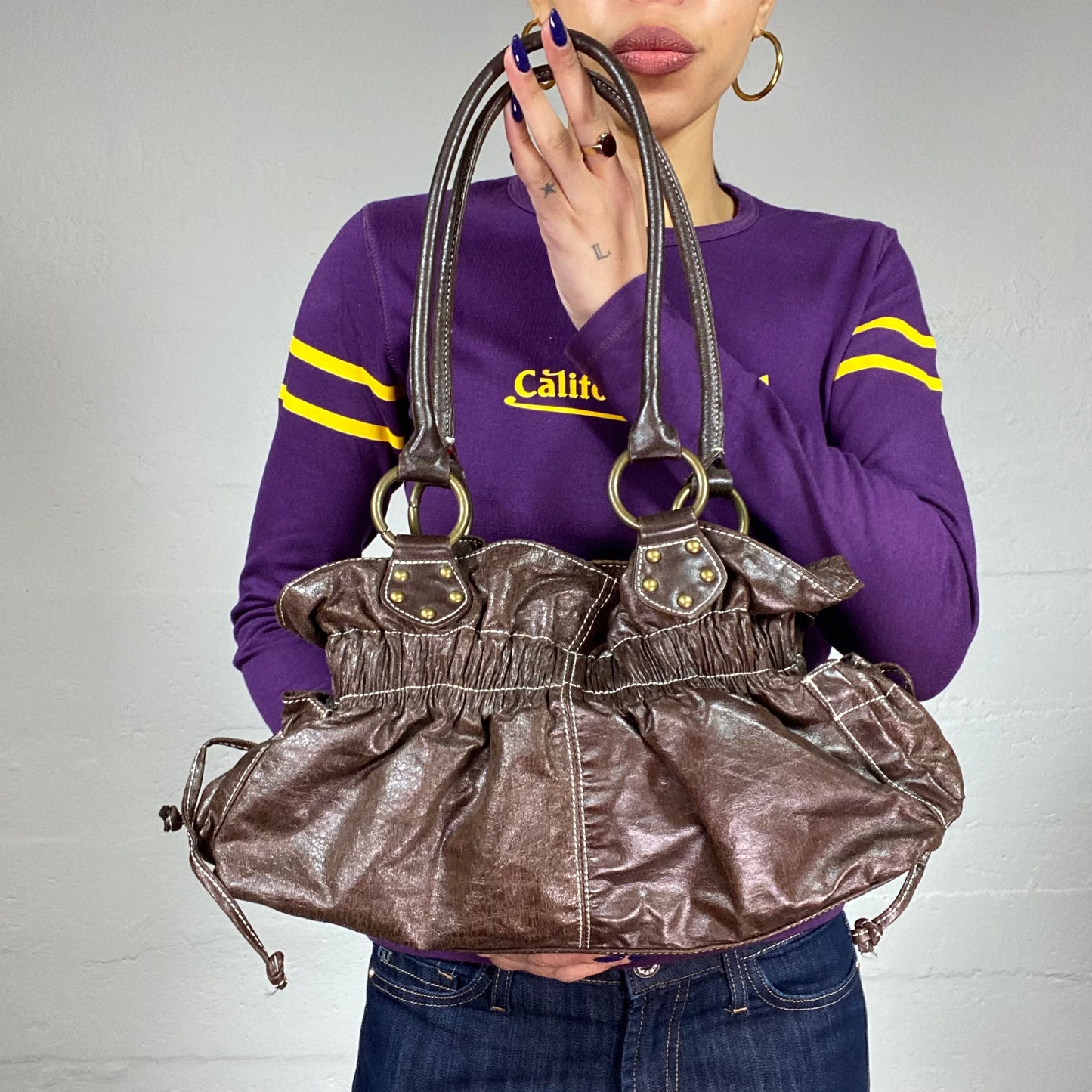 Vintage 2000's Brown Leather Shoulder Bag with Ruched Detail