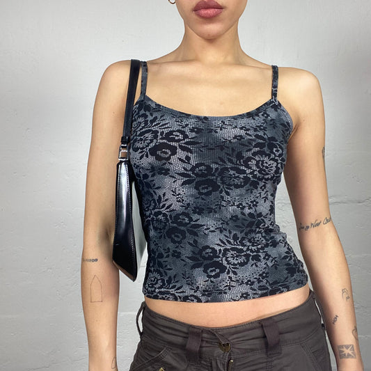Vintage 2000's Vamp Goth Grey Top with Black Floral Print Decoration (S)