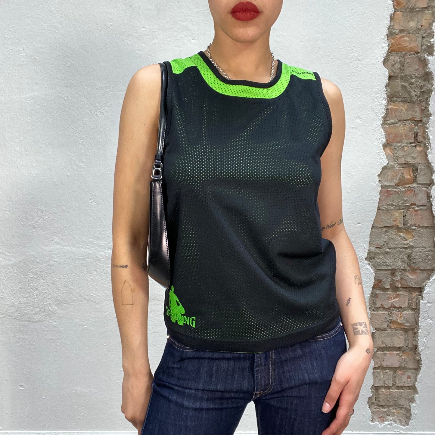 Vintage 90's Streetstyle Black and Green Tricot Mesh Tank Top (S/M)