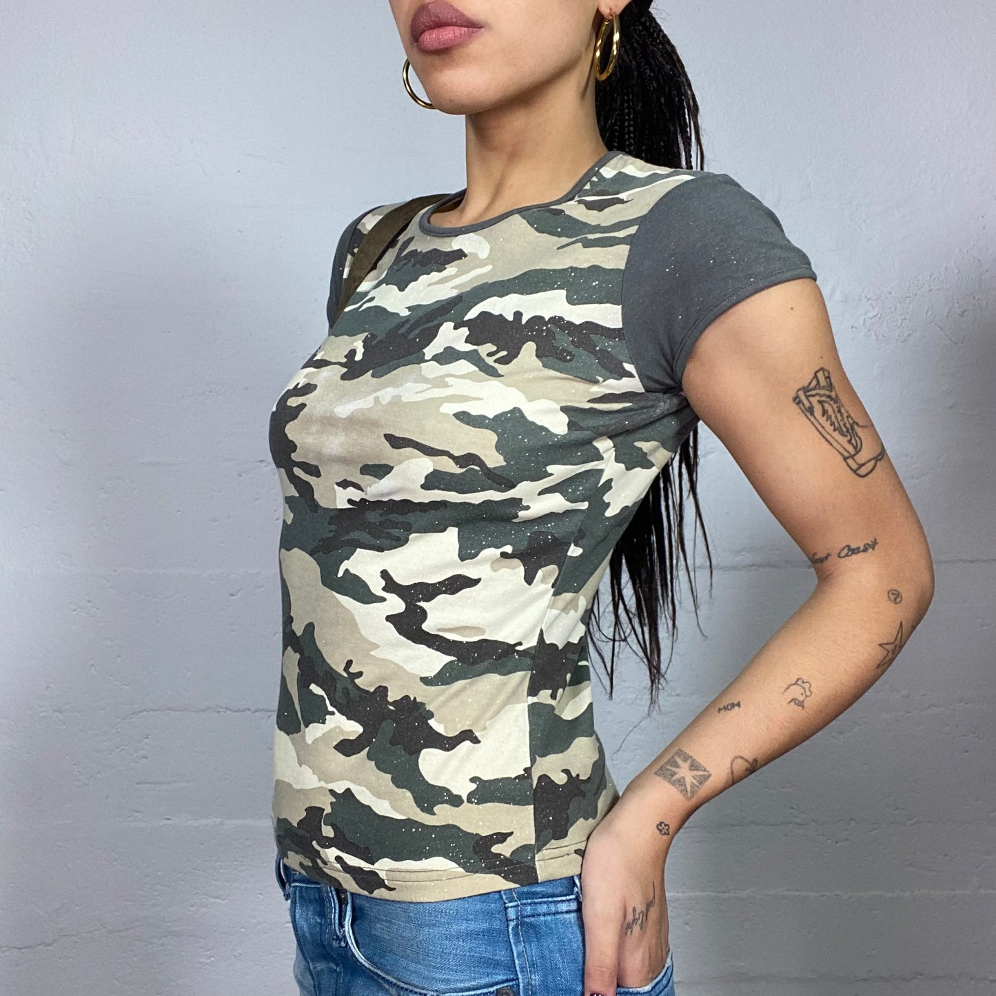 Vintage 2000's Rave Khaki Top with Camo Print and Glitter Material (S)