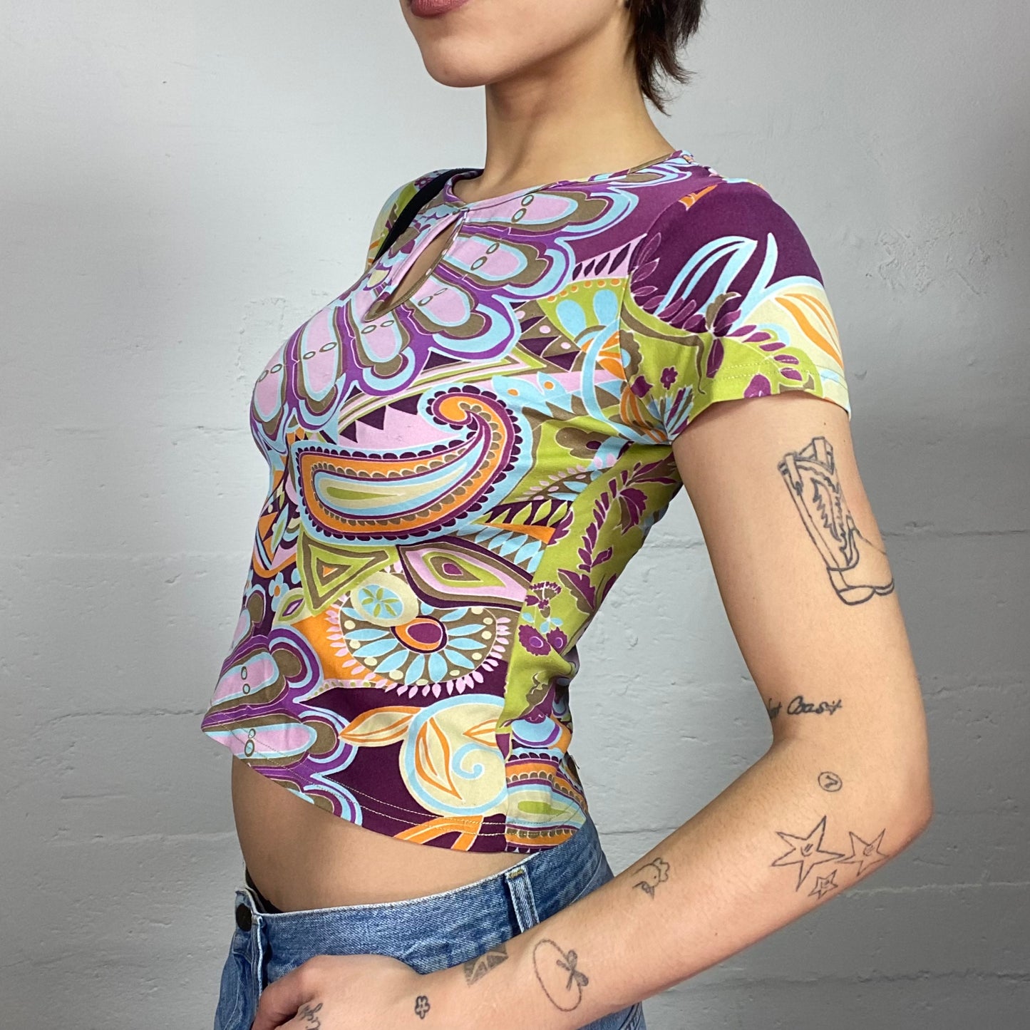Vintage 2000's Funky Multicolour Crop Top with Maxi Wavy Floral Print (S)