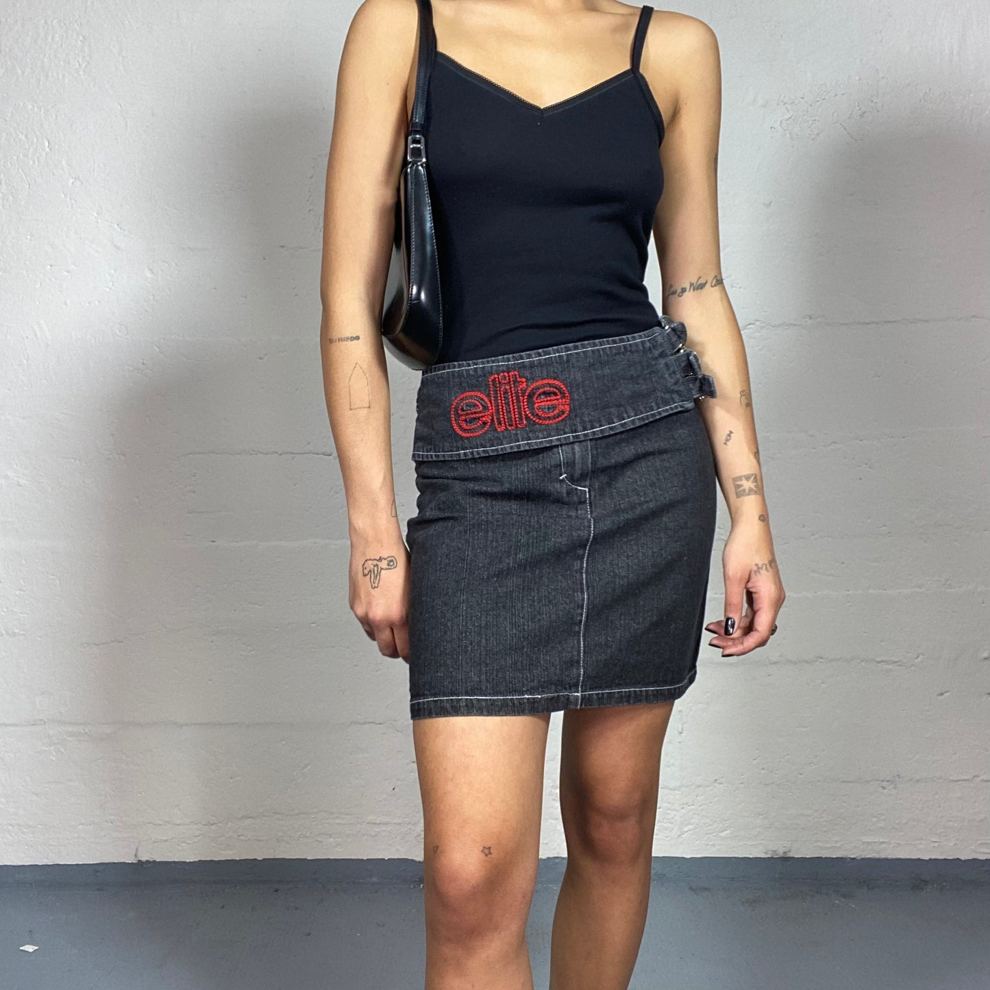 Vintage 2000's Elite Cyber Grey Washed Denim Midi Skirt with Red Embroidered Logo and Side Belt Detail (M)