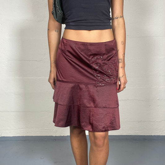 Vintage 90's Vampy Garnet Layered Mini Skirt with Lateral Floral Detail (S)