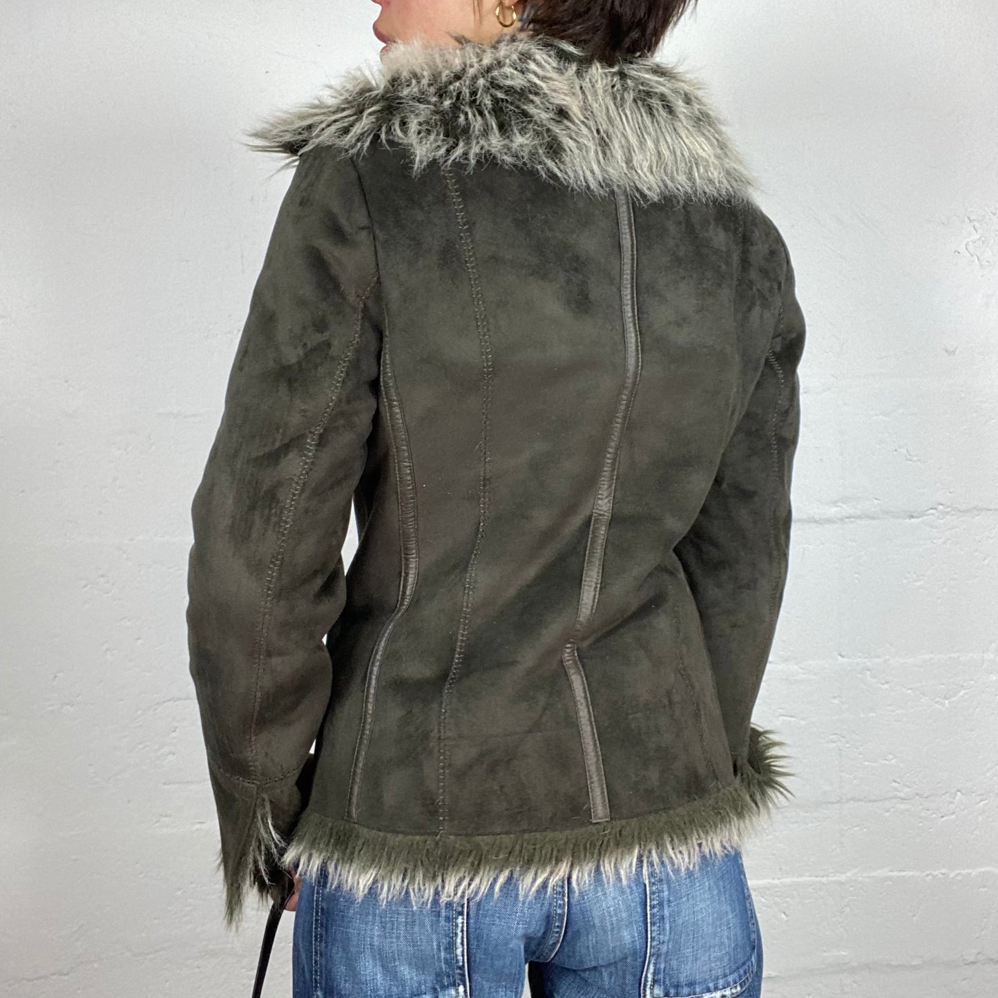 Vintage 2000's Bratz Faux Fur Olive Green Short Coat with Fluffy Collar Trim Detail (M)