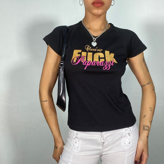 Vintage 2000's Funky Black Baby Tee with 'F*ck Paparazzi' Print (S/M)