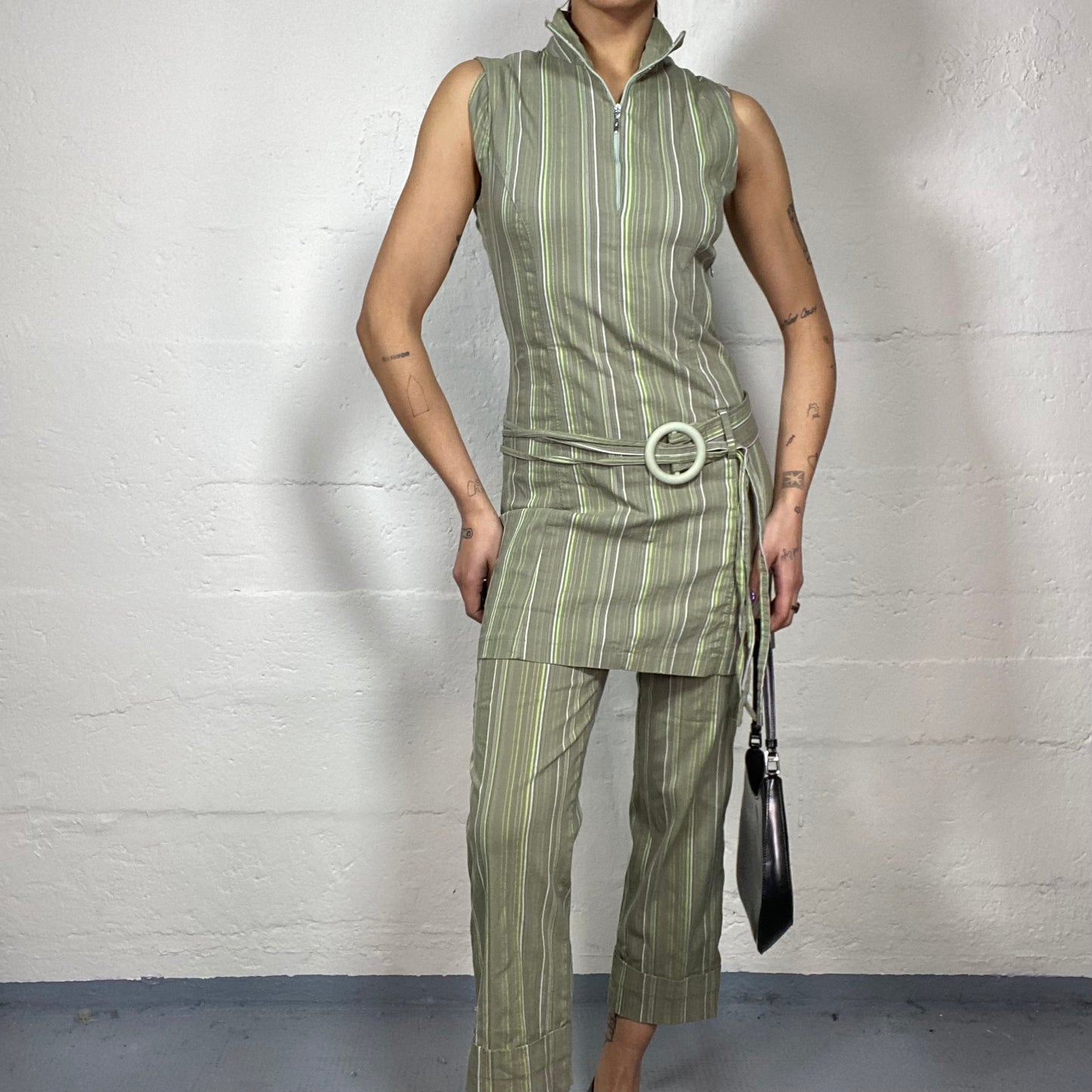 Vintage 2000's Model Off Duty Khaki Stripes Set (Long Top and Pants) (S)