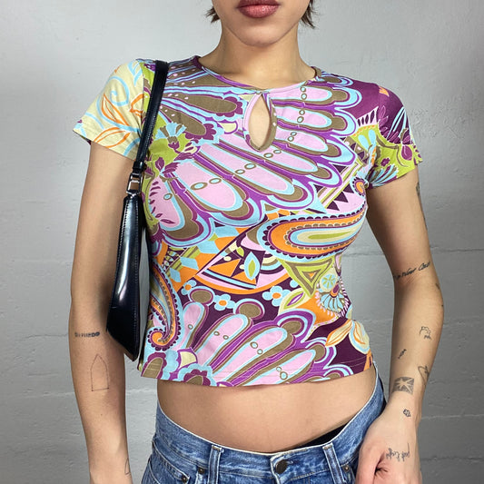 Vintage 2000's Funky Multicolour Crop Top with Maxi Wavy Floral Print (S)