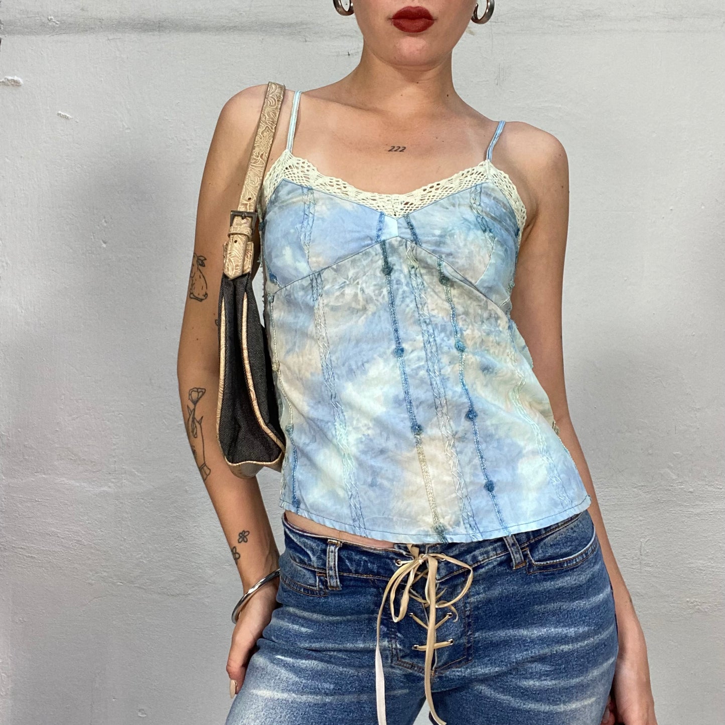 Vintage 2000's Summer Blue Top with Tie Dye Print and Off White Lace Trim (S)