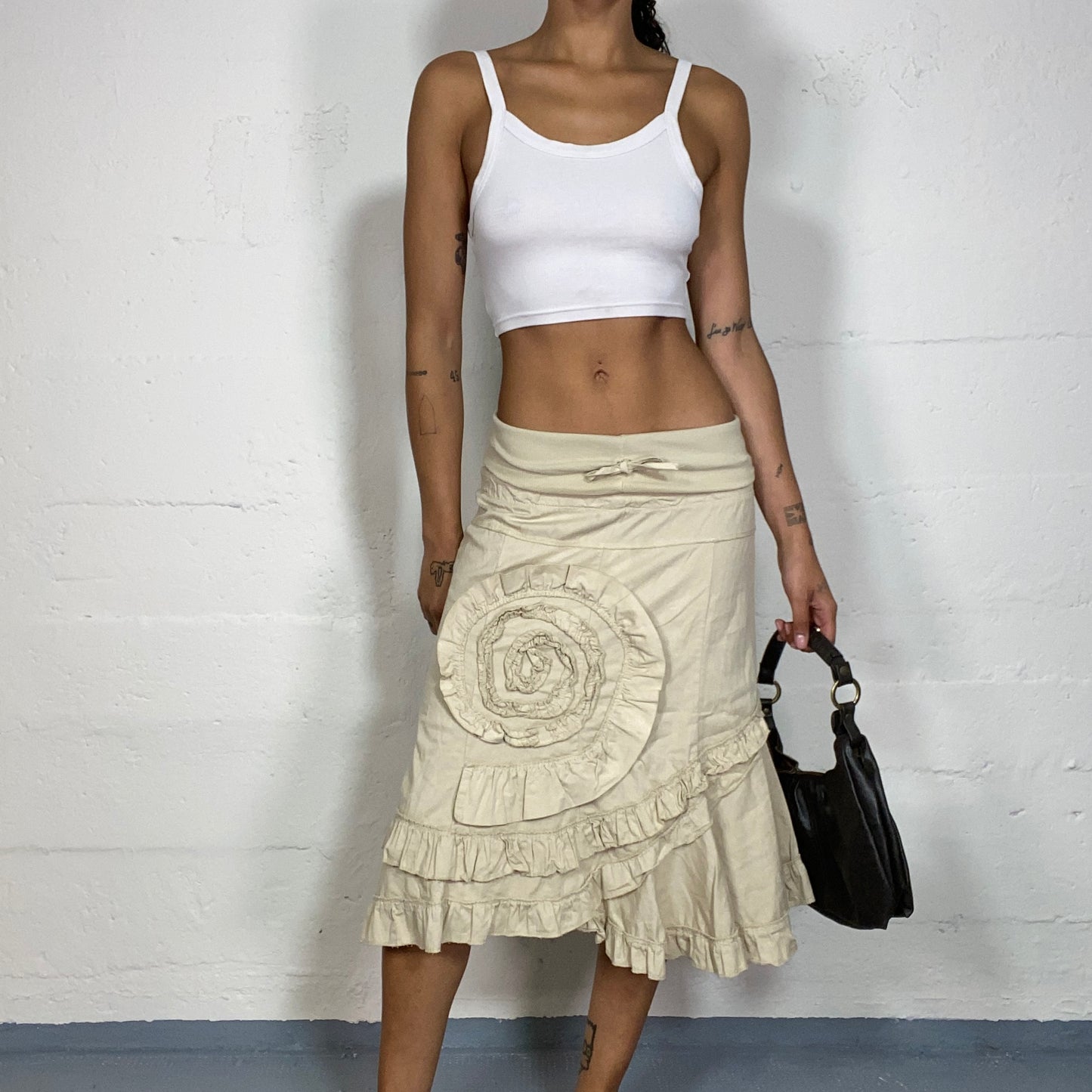 Vintage 2000's Hippie Beige Asymmetrical Midi Skirt with Rosette Detail (S)