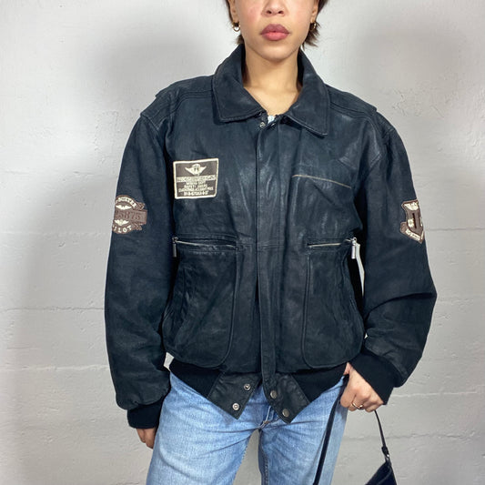 Vintage 2000's Oversized Aviator Short Leather Jacket with Patches Detail (XL)