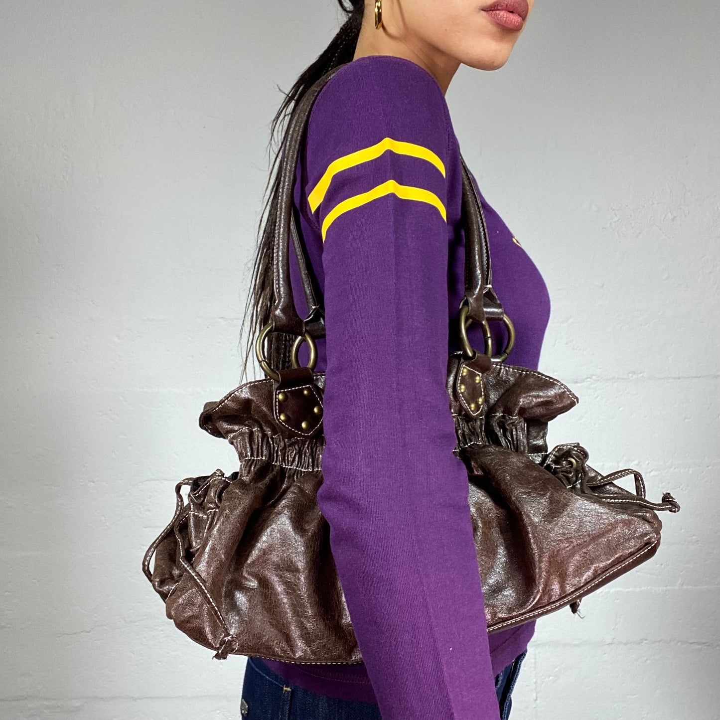 Vintage 2000's Brown Leather Shoulder Bag with Ruched Detail