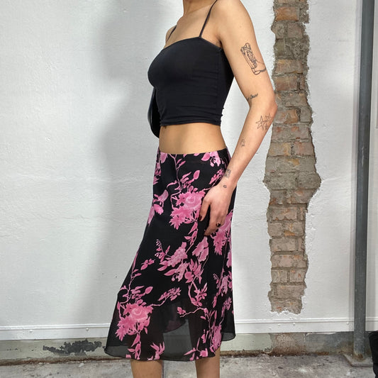 Vintage 90's Downtown Girl Black Midi Skirt with Pink Floral Print (S/M)