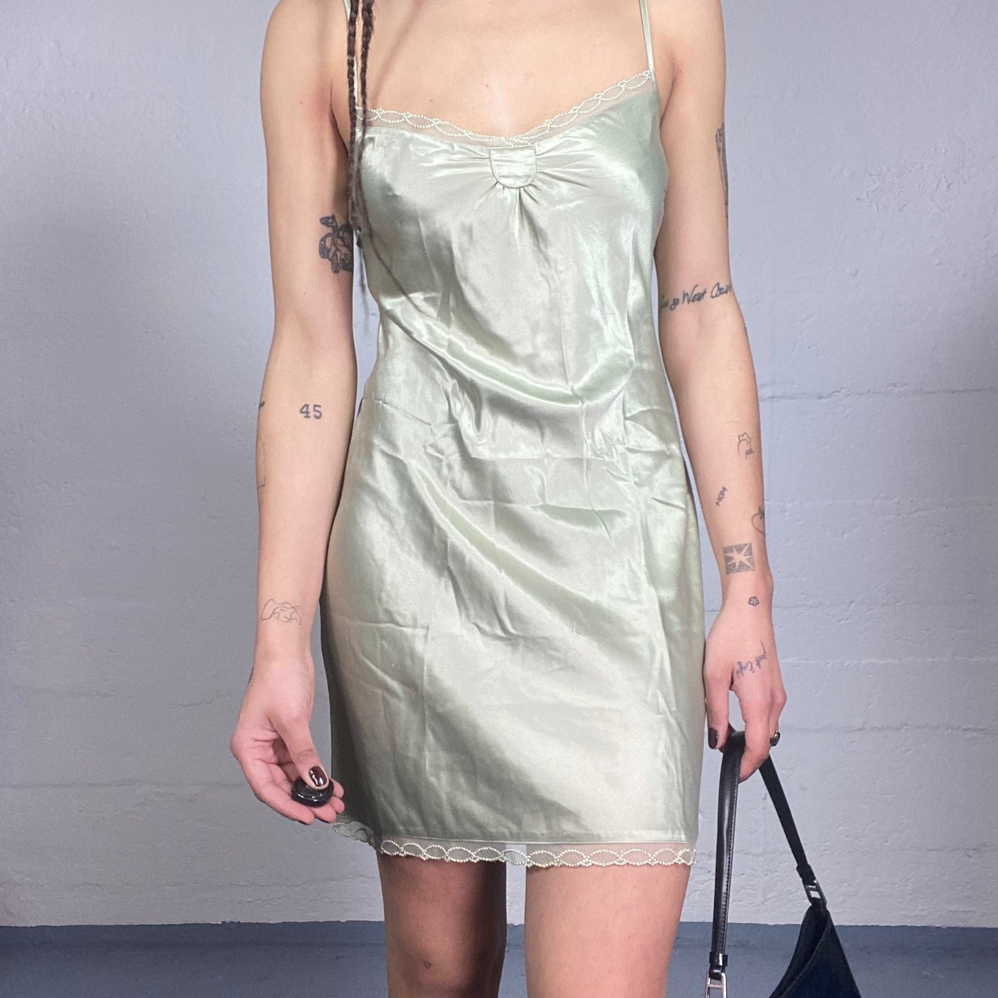 Vintage 90's Lingerie Pastel Green Satin Mini Dress with Mesh Beaded Trims Detail (S)