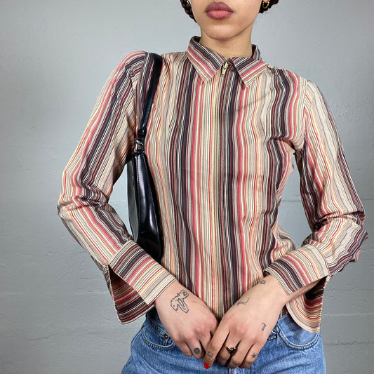 Vintage 2000's Corpcore Beige Longsleeve Shirt Top with Red Pinstripes and Zip Up Detail (S)