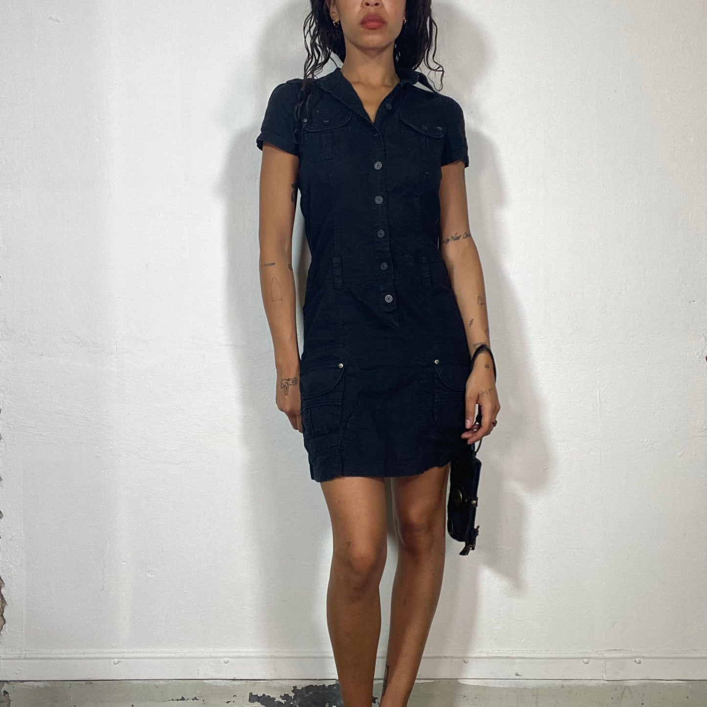 Vintage 90's Techwear Black Buttton Up Cargo Dress with Pocket Detail (S)