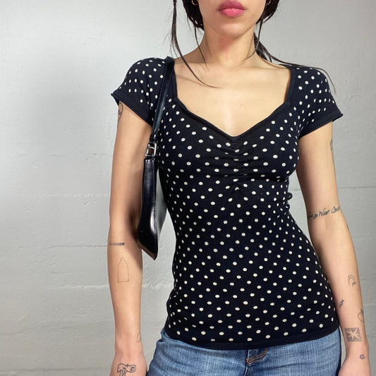 Vintage 2000's Sleaze Black Top with White Polkadots Print Covering (S)
