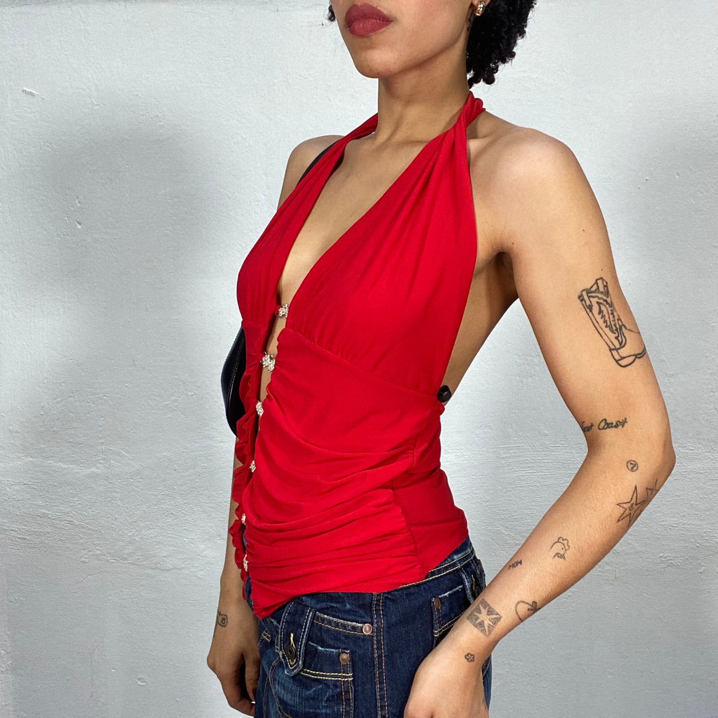 Vintage 2000's Clubwear Red Halter Neck Top With Rhinestone Front Detail (S/M)
