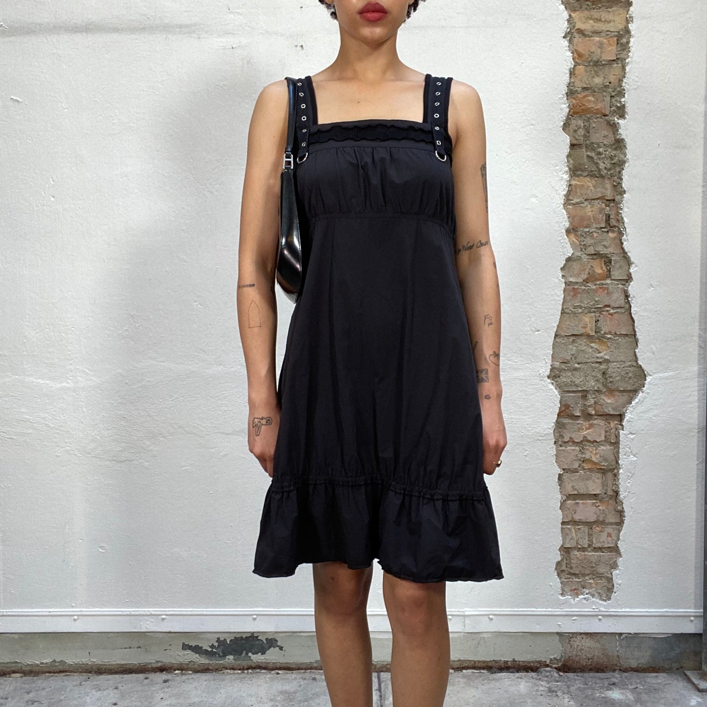 Vintage 2000's Babydoll Black Midi Dress with Studs Detail (M)