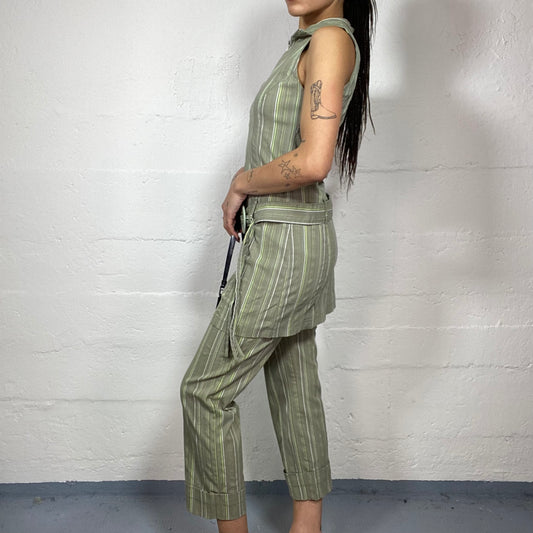 Vintage 2000's Model Off Duty Khaki Stripes Set (Long Top and Pants) (S)