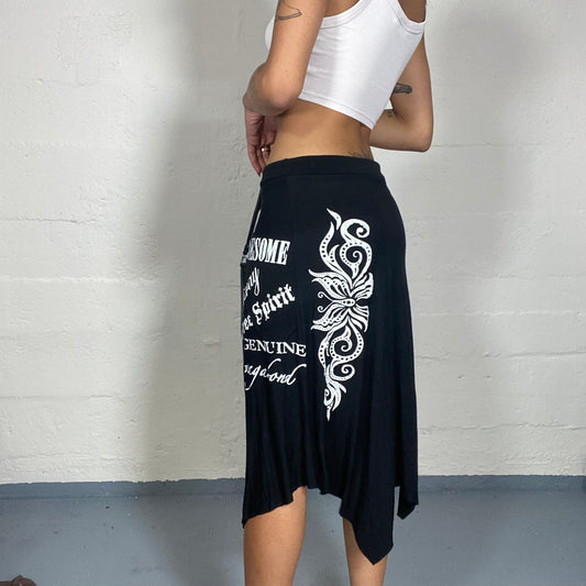 Vintage 2000's Rave Black Deconstructed Midi Skirt with White Typography Side Print (S)