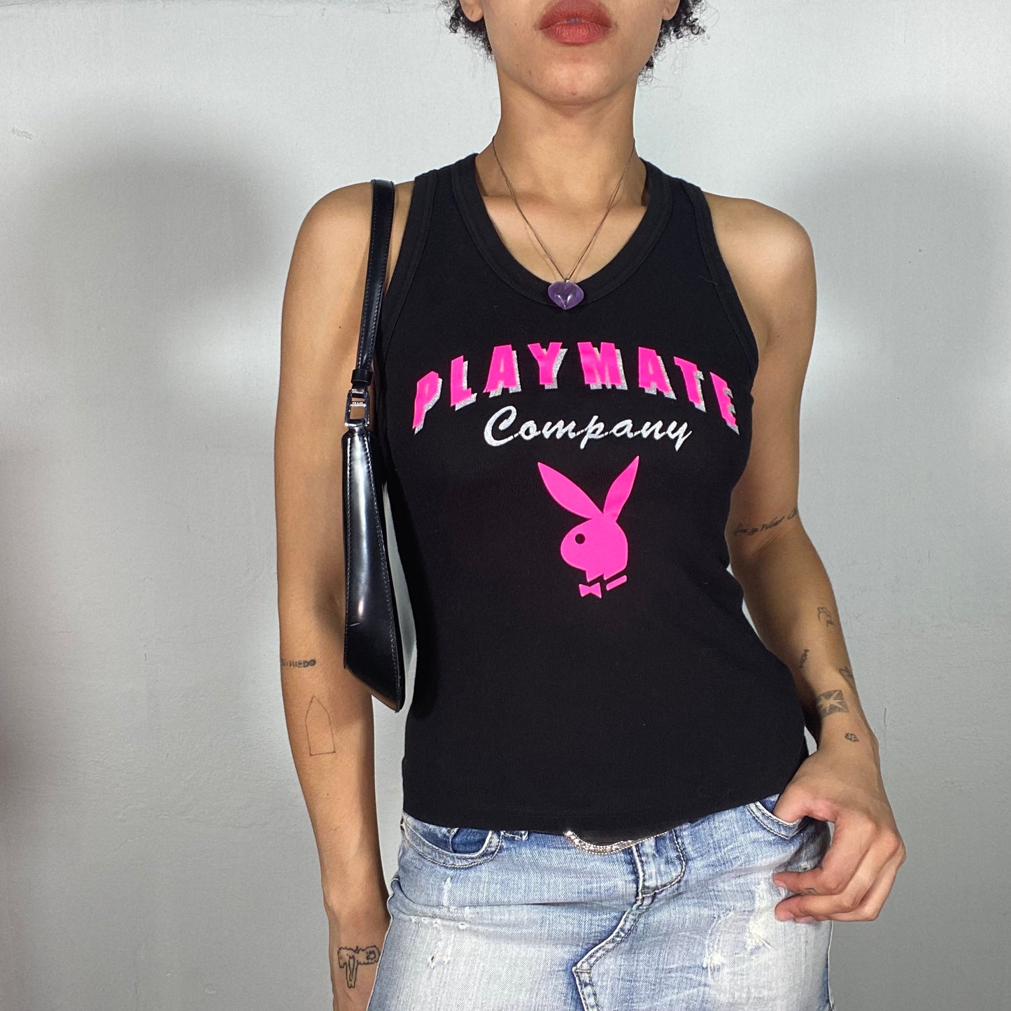 Vintage 2000's Playmate Black Tank Top with Bunny Print (S)