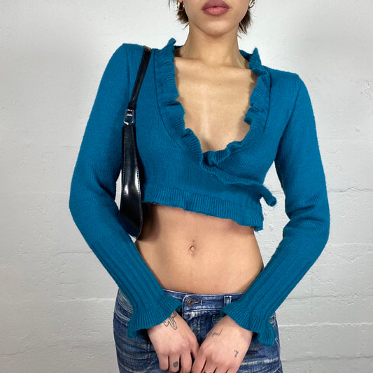 Vintage 2000's Ballet Blue Maille Bolero Cardigan with Frilled Neckline Detail (M)